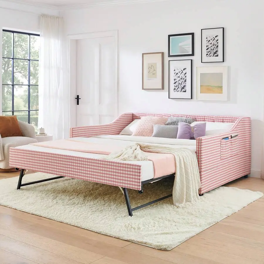Full/ Twin Size Upholstered Daybed With Pop Up Trundle, 3-In-1 Convertible Sofa Bed, Tufted Daybed Couch With Storage Pockets, Pull Out Daybed Expands To Size Bed, Daybed With Trundle Living Room, Guest Room, Apartment