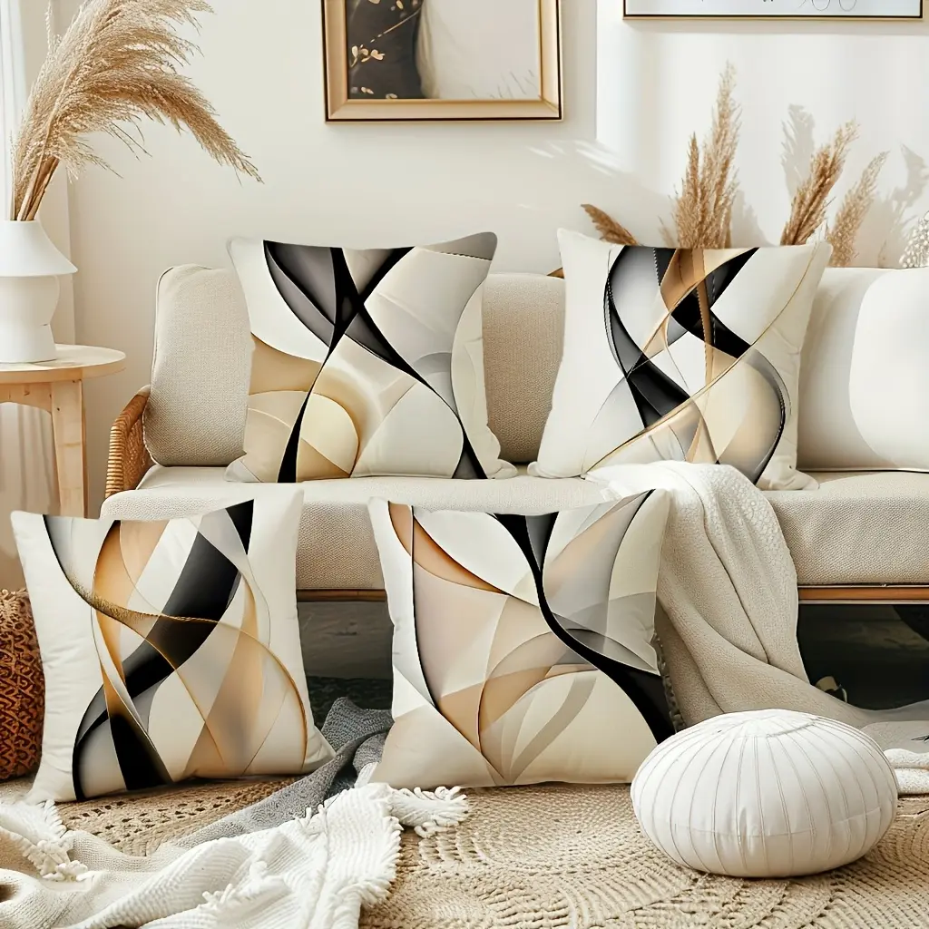 4pcs, Short Plush Abstract Lines Throw Pillow Covers, Single Sides Printed Flame Pattern Cushion Covers, Geometric Home Decor Pillowcases, 45 X 45Cm, for Farmhouse, Living Room, Bedroom, Sofa, Porch, Patio, Outdoor, Without Pillow Inserts
