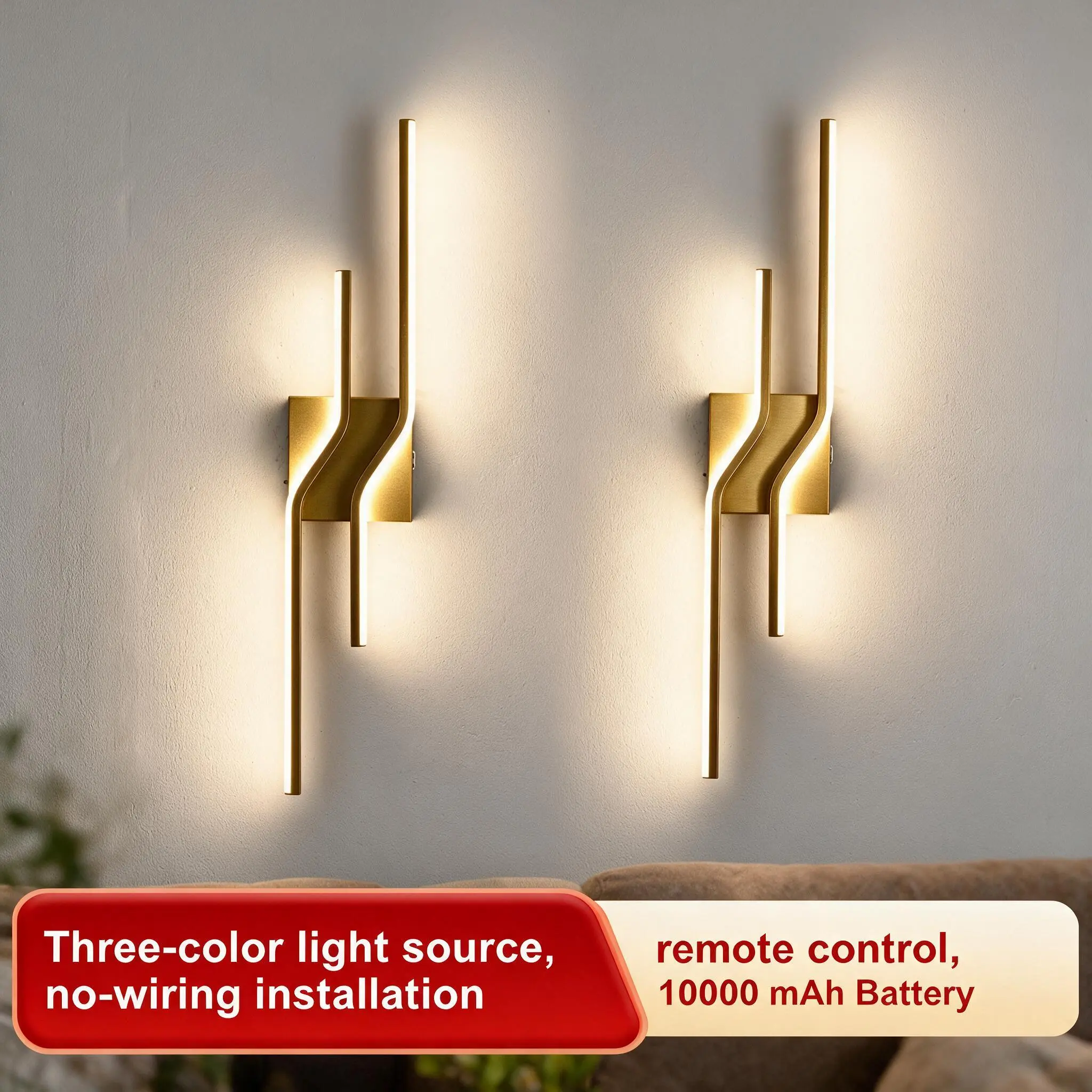 10000mAh Rechargeable LED Wall Sconce with Metal Base, Wireless Remote Control Wall Lamp, No-Wiring No-Installation Indoor Decor Light for Bedroom, Living Room
