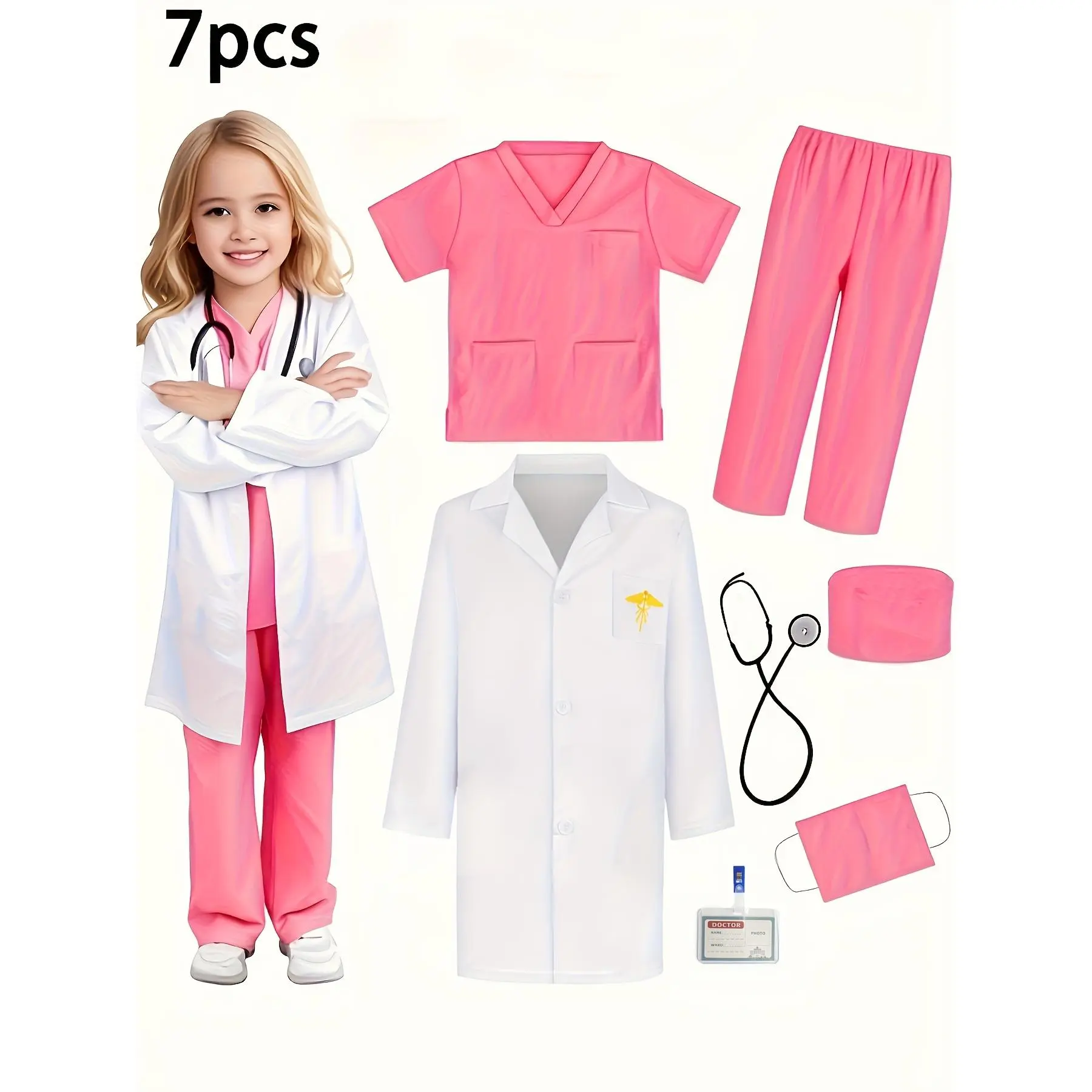 7pcs Girls' Doctor Role Play Costume Set, Children's Doctor Play Set, Pretend Play Performance Outfit for Little Girls' Parties and Holidays, Includes White Coat + Top + Pants + Hat + Mask + Name Badge + Stethoscope