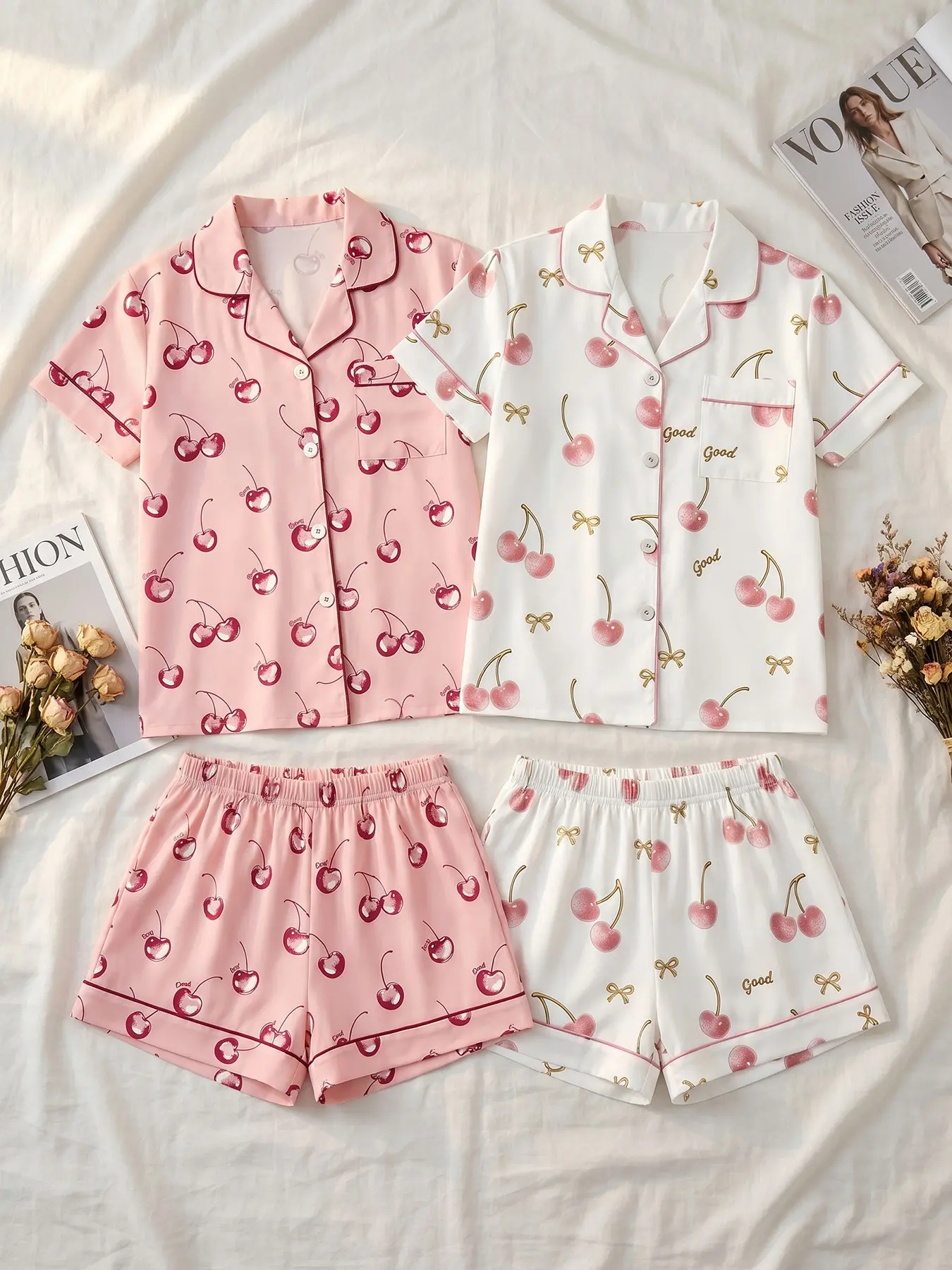 Women's 2 Piece Button Down Short Sleeve Top and Shorts Pajama Sets Pyjamas Nightwear Pjs, Spring Summer Wear, Cream Cherry Bow Print, Soft Sweet Aesthetic Loungewear