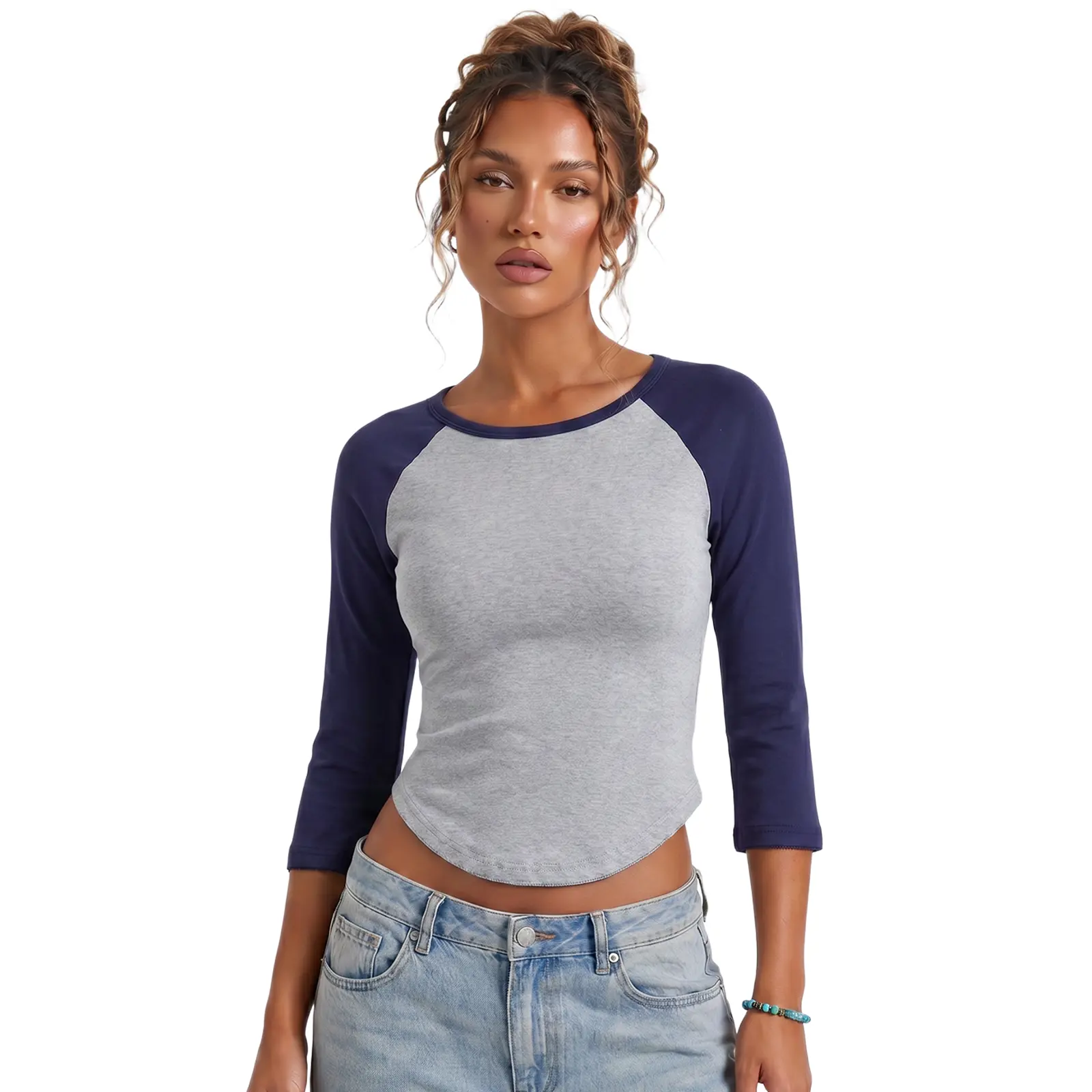 Women's Multicolor Casual Cotton Short-Sleeve Raglan Shirt - Round Neck Casual Wear for Summer