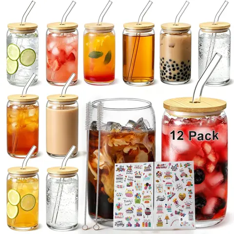 12-Pack Classic Glass Drinking Glasses Set, 16oz Thick-Wall Round Cup with Bamboo Lids, Reusable Straws & 2 Cleaning Brushes, Ideal for Iced Coffee, Bubble Tea