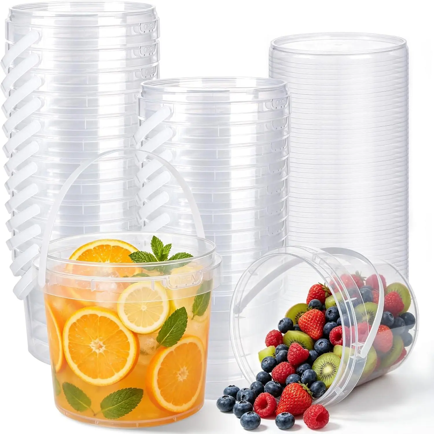 20 Pack 50 oz Clear Buckets with Lids and Handle Food Frade Plastic Bucket| Leakproof, Stackable, Deli Food Storage Containers for Drinks Meal Prep Freezer Safe Ice Cream Tubs