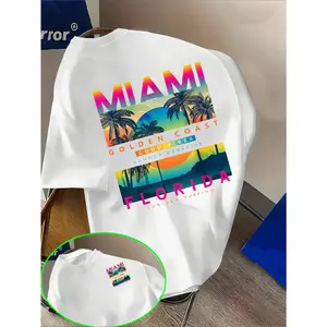 "Beach MIAMI Palm Tree" print pattern, boys' children's youth short-sleeved T-shirt, summer boys' top bottoming shirt, casual style, suitable for boys, girls, teenagers, gifts