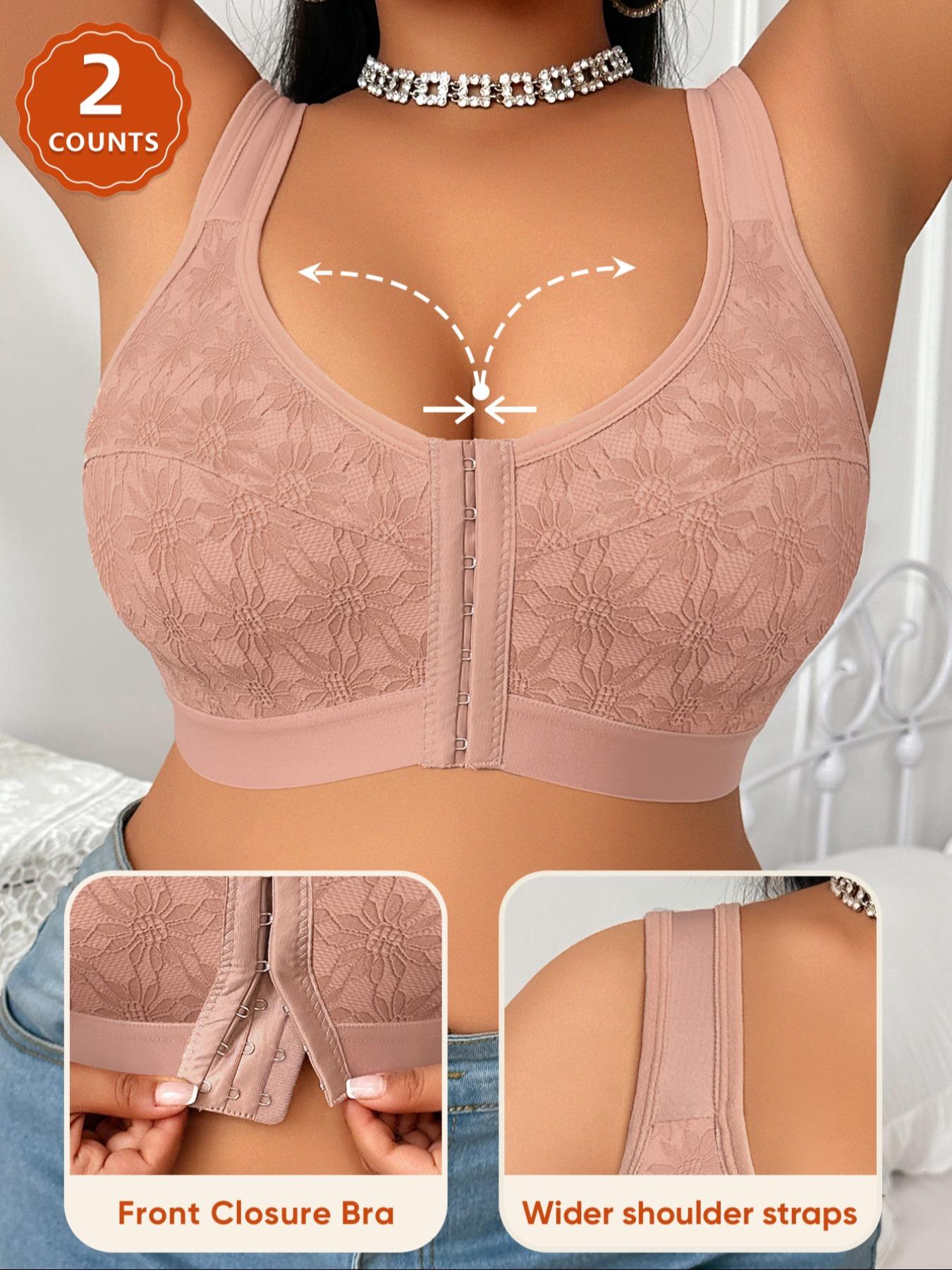 2 Pack Plus Size Women's Everyday Bras, Full Coverage Soft and Breathable Thin Cup, Front Closure Push Up Underwear for All Seasons