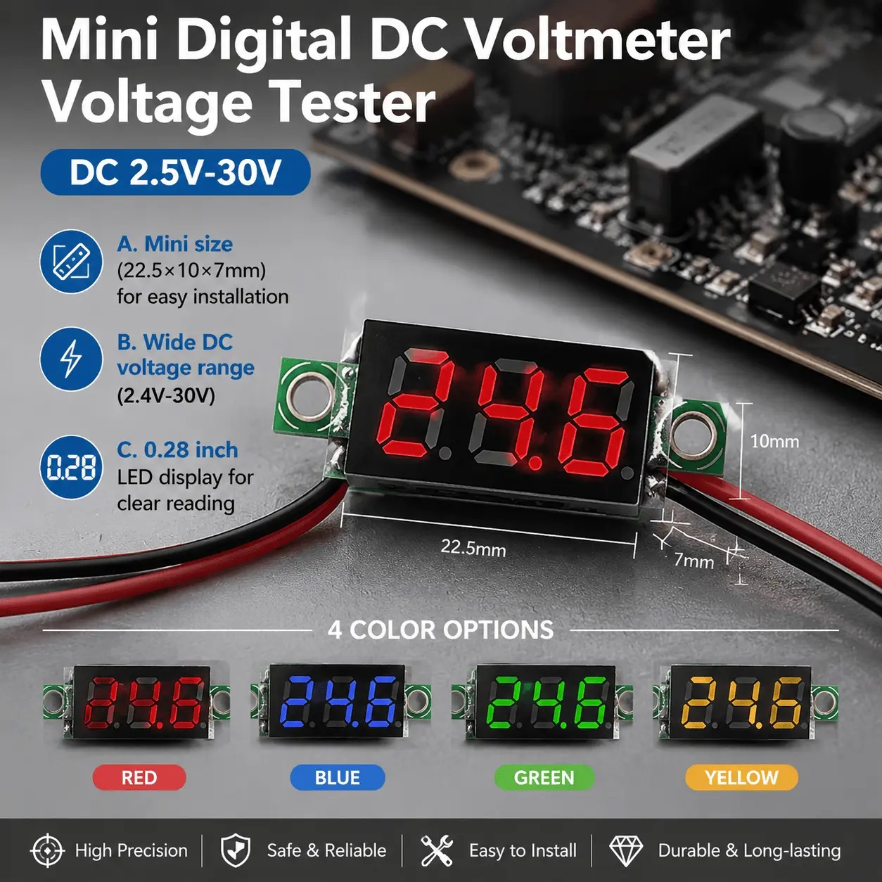 0.28" LED Digital Multimeter, DC Voltage Tester 2.5-30V, Automotive Voltage Tester, High Precision Auto Battery Monitor, Electrician Tool Kit for Car Repair, Electronics DIY & Maintenance