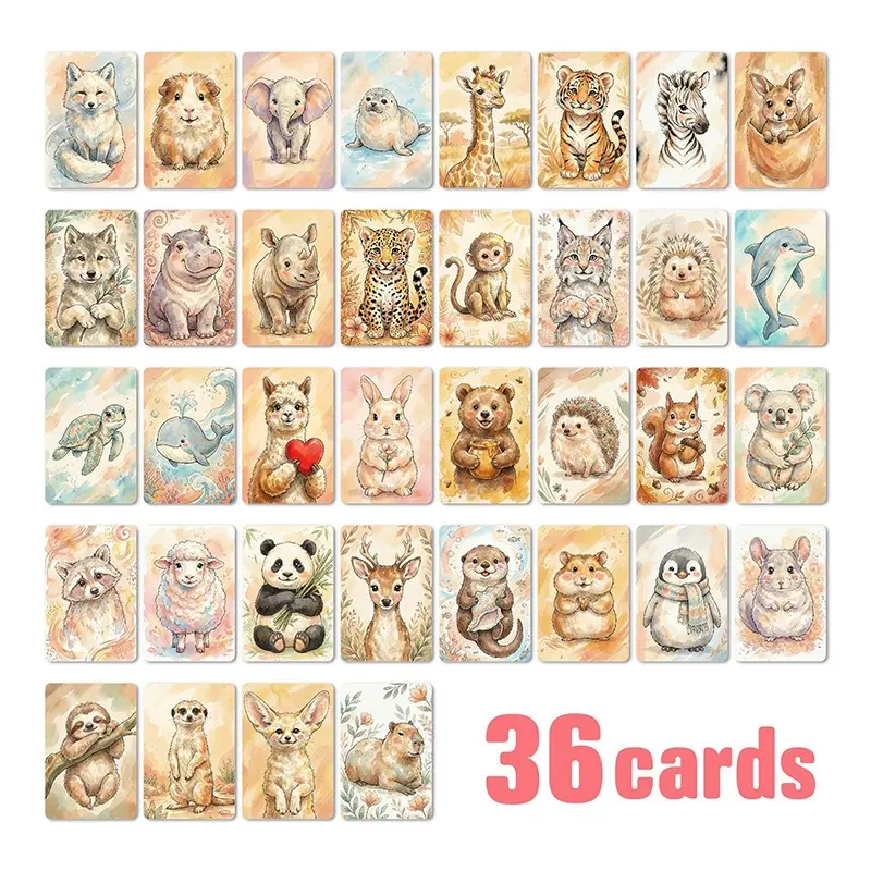 36 Pieces 2.36x3.5 Inch Watercolor Animal Cards, Cute Jungle Ocean Creatures, Party Decor, Game Props, Animal Recognition Cards