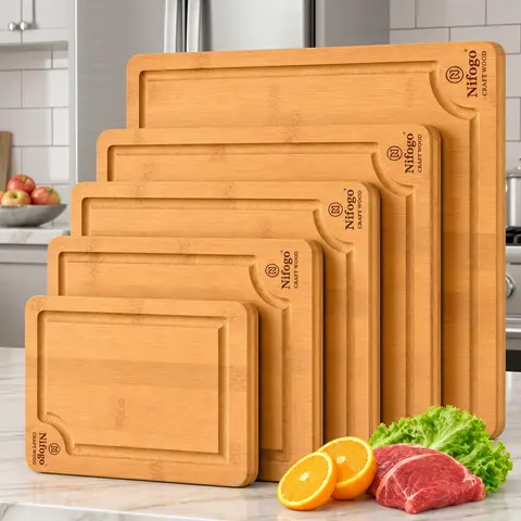 5-Piece Multi-Size Rectangular Eco-Friendly Bamboo Chopping Boards Set with Holder, Durable Pre-Oiled Wooden Chopping Board with Juice-Groove Clean Design, Ideal for Steak, Vegetables