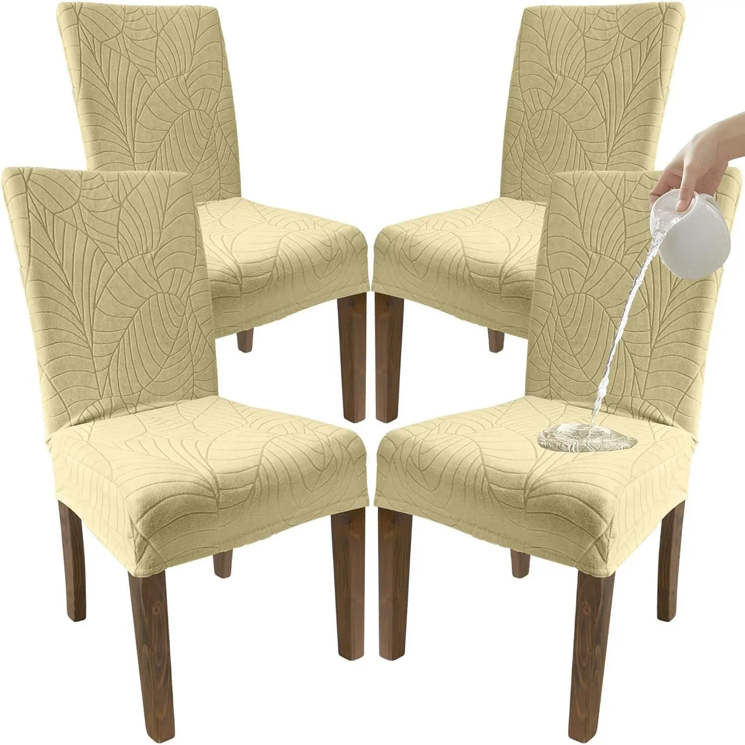 Waterproof Dining Chair Covers Set of 4 - 3 Thick Parsons Chair Slip Covers - Chair Covers & Stretch Protectors for Dining Room, Restaurant - Removable Washable (Beige)