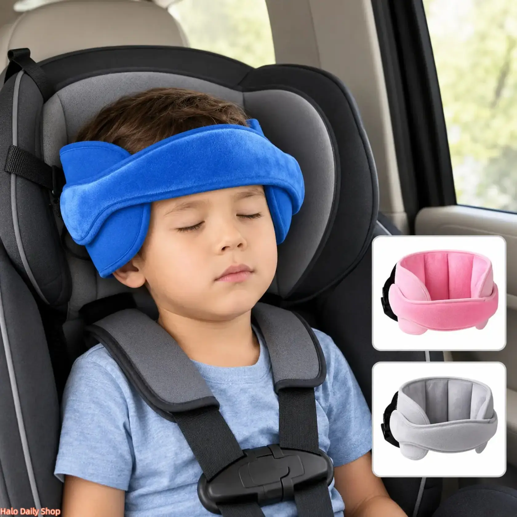 Car seat headrest support strap, soft and comfortable adjustable nap support strap, with thickened side pads, portable travel headrest accessory, suitable for sleeping headrest support strap, available in blue, pink and gray.