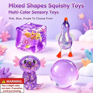 4PCS Multi Style Transparent Glitter Sensory Toy Set, Soft Squeezing Pressure Toys to Calm Anxiety, Cute Cube Duck Round Animal Toys for Easter & Party Favors，for Desktop Ornaments & Birthday Gifts