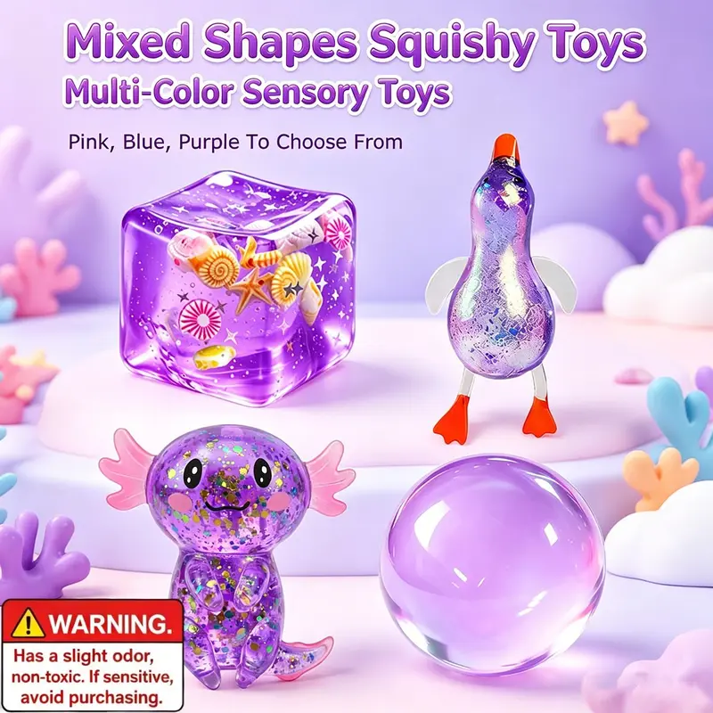 4 Pcs Multi Style Transparent Glitter Sensory Play Toy Set, Soft Squeezing Toys to Calm Anxiety, Cute Cube, Duck, Round & Animal Shapes, for Easter & Party Favors, Desktop Ornaments & Birthday Gifts