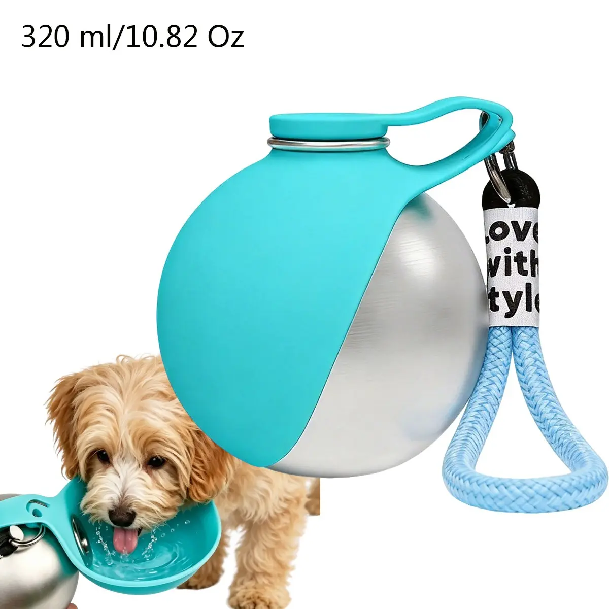 Portable Stainless Steel Pet Water Bottle for Cats and Dogs, 10.82oz Leak-Proof Travel Cup with Foldable Bowl, Easy Feeding