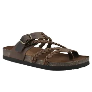 Women's Toe Loop Braided Leather Sandals, Adjustable Buckle Cork Footbed Summer Slides