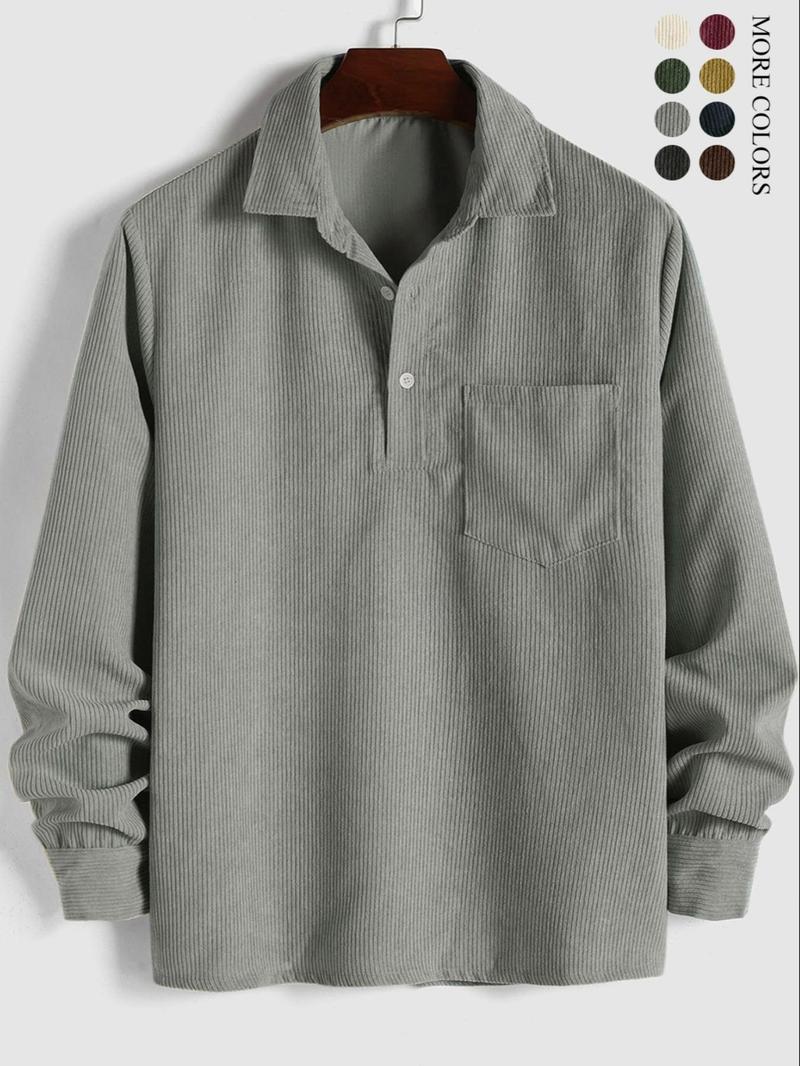 ZAFUL Men's Corduroy Shirts Solid Color Fall Half Button Long Sleeves Polo Shirt Casual Work Collared Shirt with Casual Outdoor Shirt