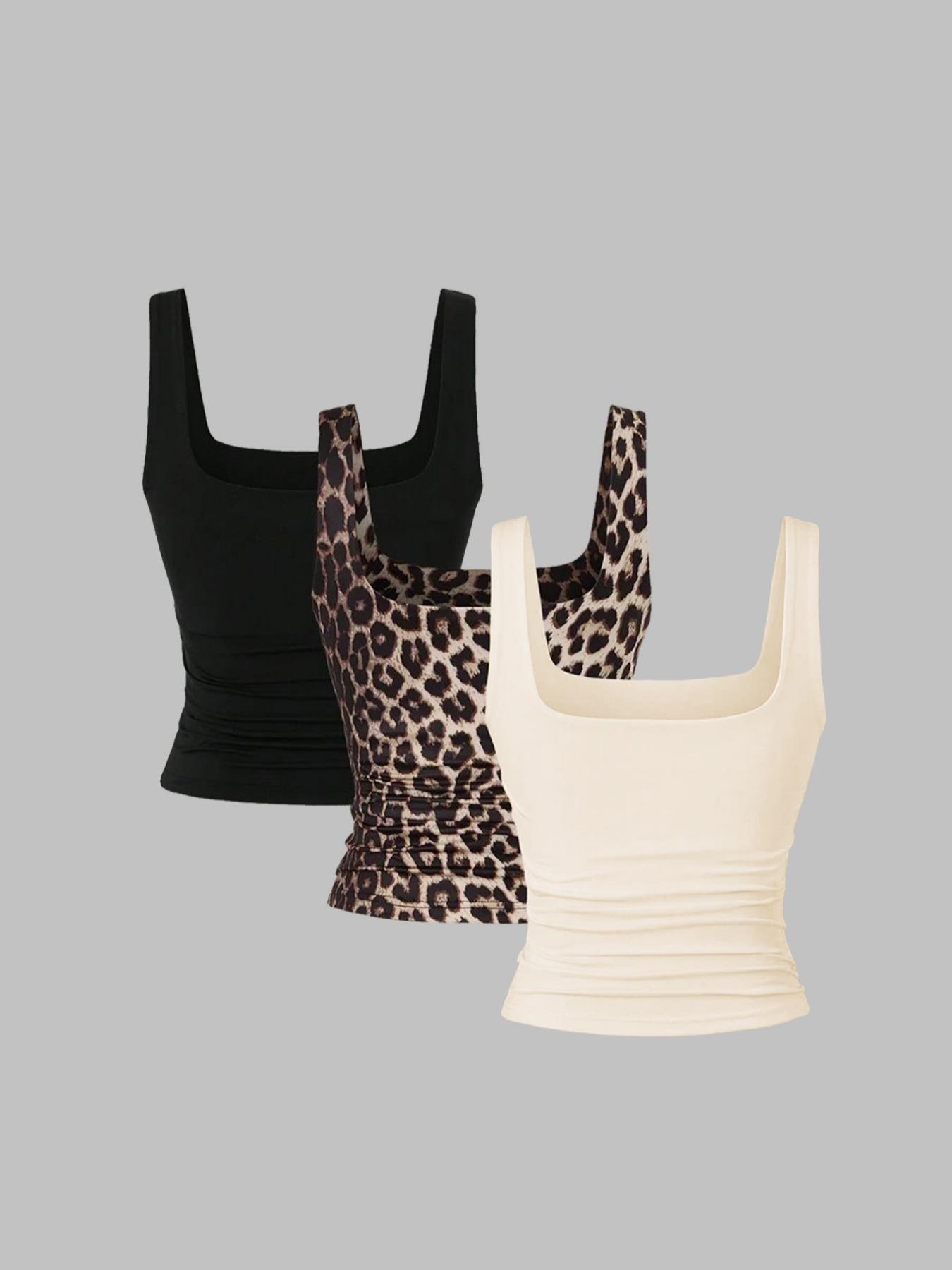 Women's Solid & Leopard Print Slim Tank Top, Casual Sleeveless Top for Spring & Fall, Ladies Clothes for Daily Wear