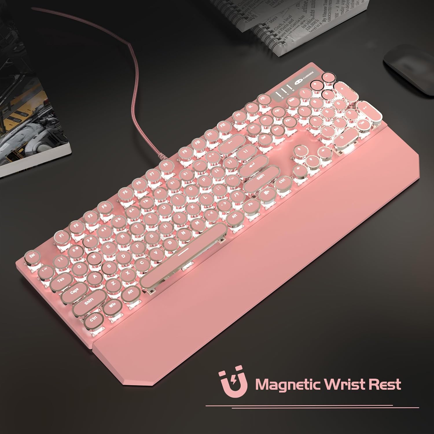 Typewriter Mechanical Gaming Keyboard, Retro Pink Punk Round Keycaps ...