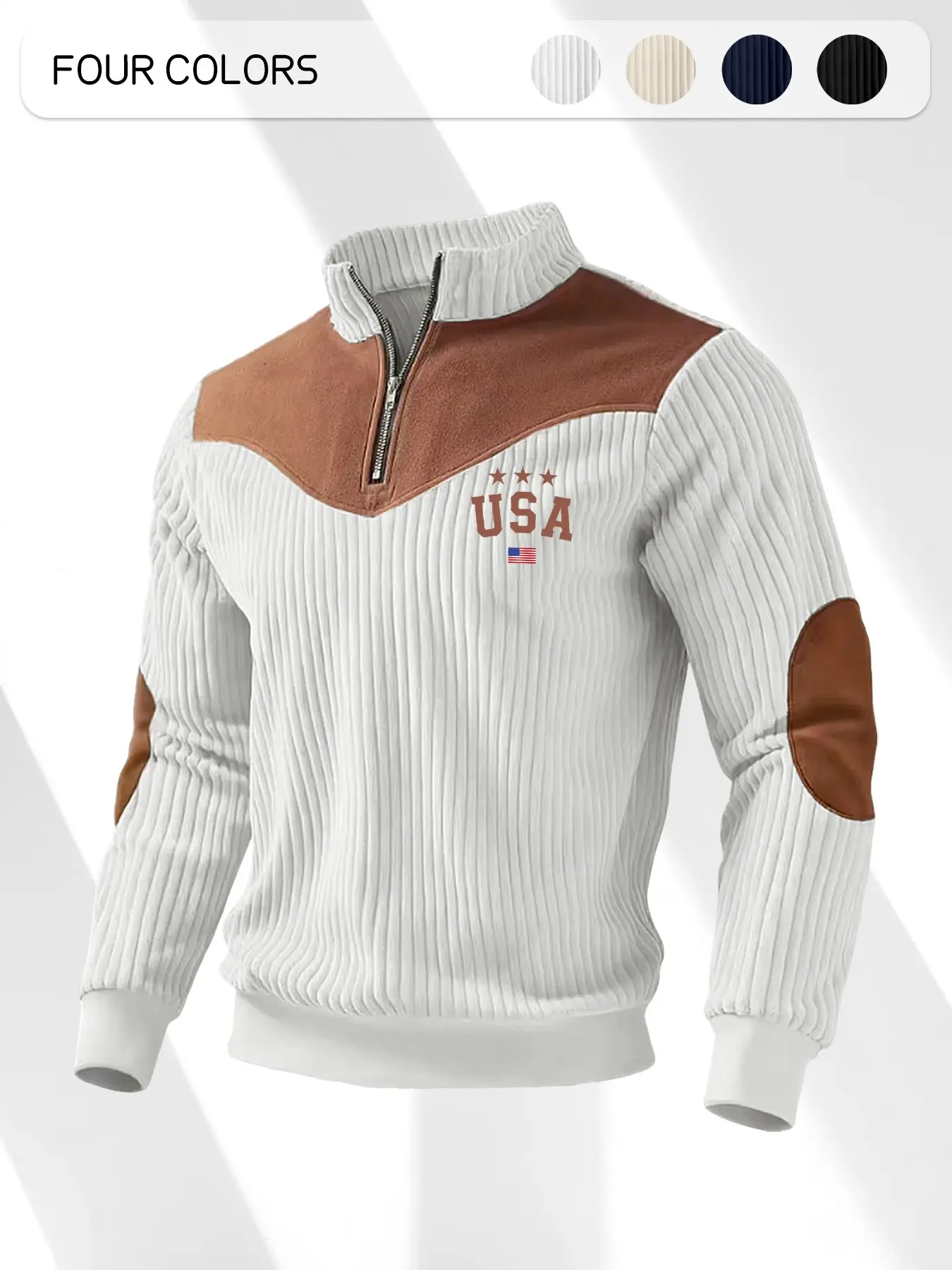 Men's Usa Flag Print Half-Zip Leather Patch Long Sleeve Top, American Vintage Spring Fall Casual Knitwear, Four Colors Available