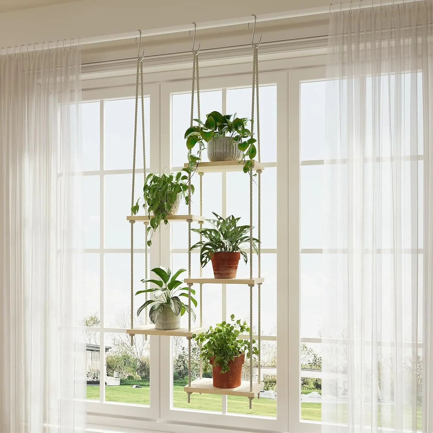 Window  Shelves  Rack for Indoor  Decor, 5-Tier | Space-saving window sill layout, multi-tier options, reinforced  frame, boho decorative style, tool-free installation