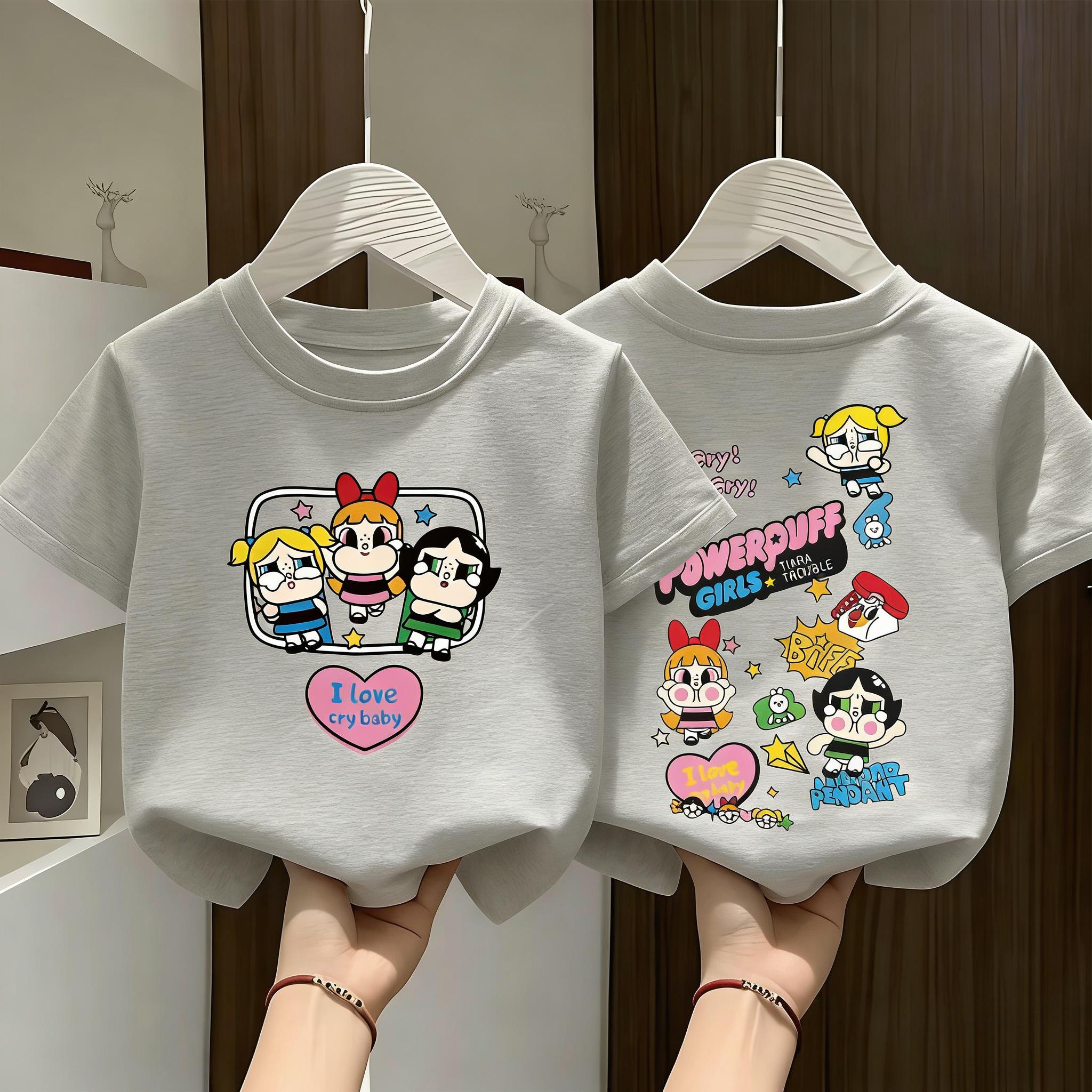 Children's summer cotton T-shirt, loose round neck with short sleeves, simple and popular cartoon print, stylish and multifunctional, breathable and comfortable, sizes 100-160.