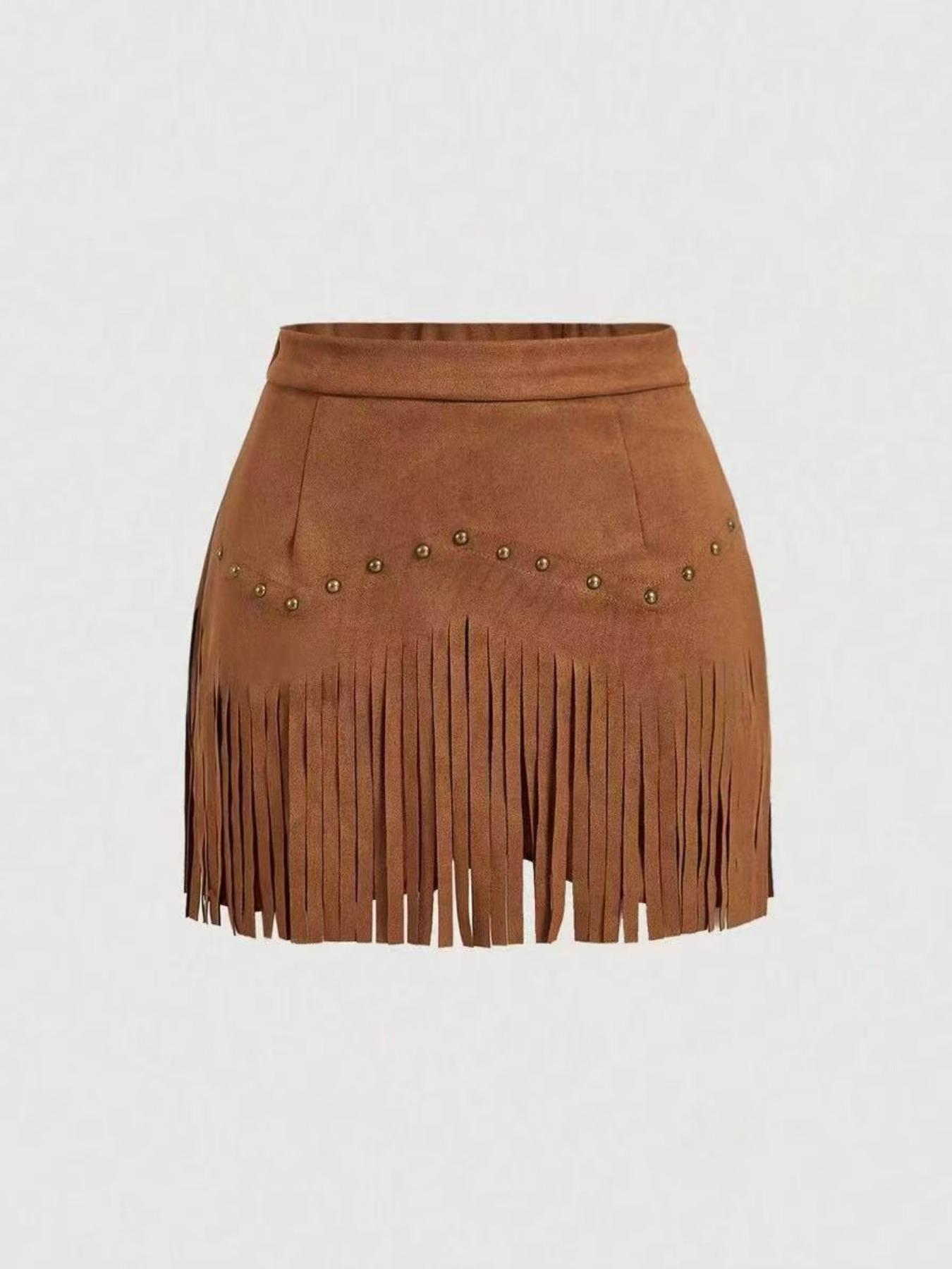 Women's Fringe Trim Short Skirt, Elegant Solid Color Zipper Skirt for Daily Wear, Ladies Bottoms for All Seasons