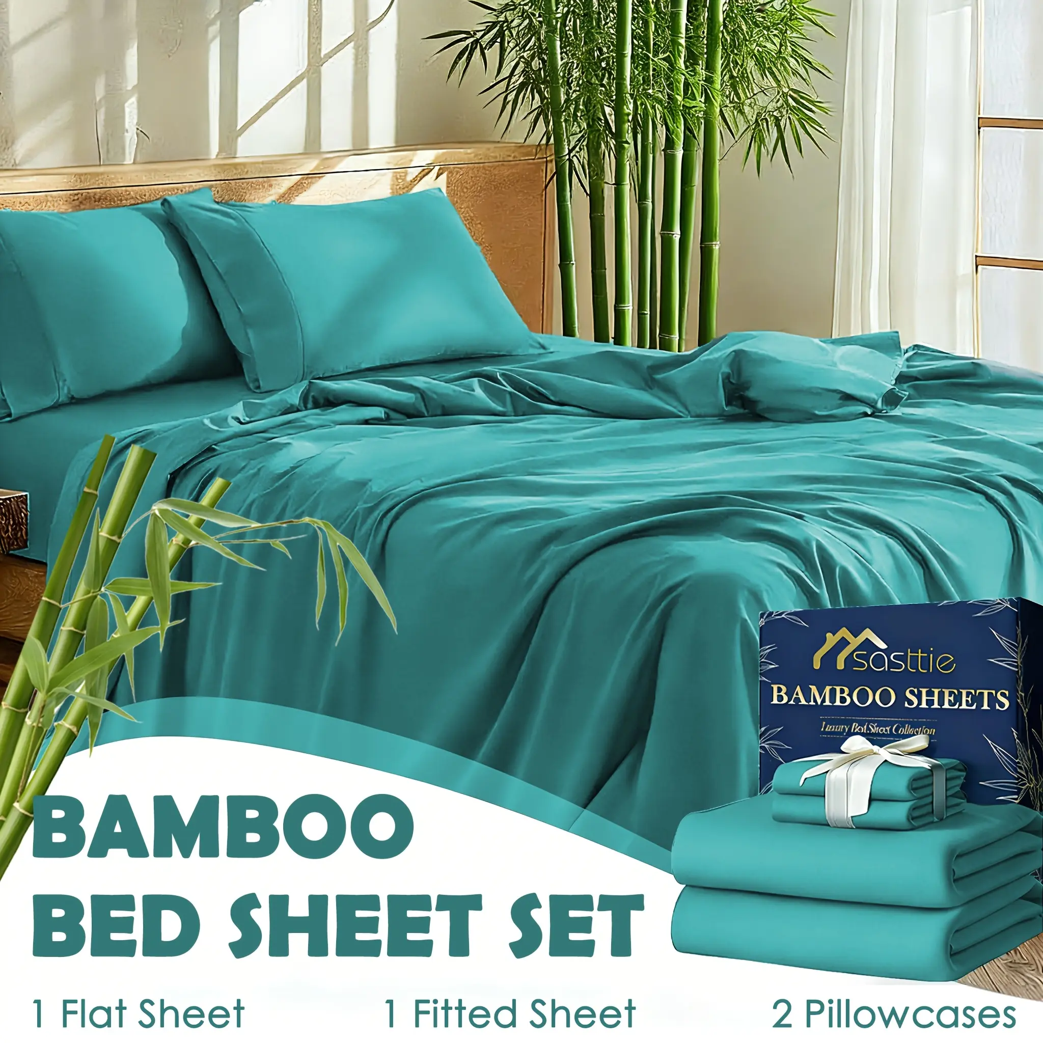 SASTTIE 4 PCS Cooling Bamboo Fiber Sheet Set - 18-Inch Extra-Deep Pocket Sheets - Luxuriously Soft, Hotel-Style Cooling Bedding - Ideal for Hot Sleepers Wrinkle- And Shrink-Resistant Twin, Full, Queen, And King Sizes