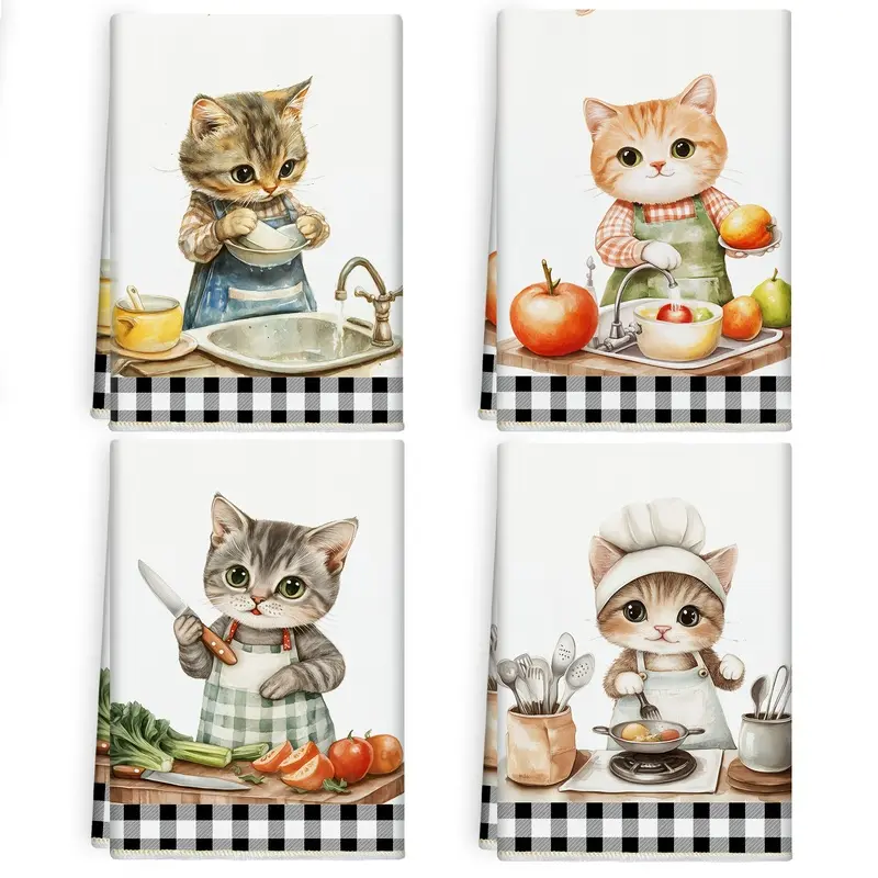 4-piece cat-themed gift set for women, including cat-themed kitchen towels, fun cat-patterned dish towels for moms with cats, housewarming gift cat-themed hand towels, and cute cat-themed tea towels for home decoration.