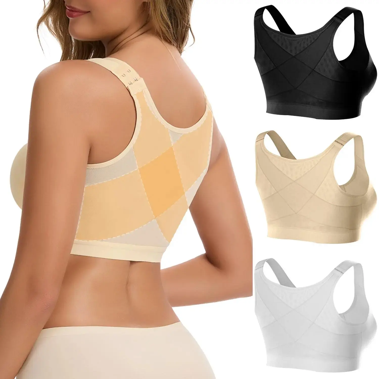 Women's Front Closure Posture Bra - Wire Free, Full Coverage, Wide Adjustable Straps, Comfortable Minimalist Bralette for Nude, Wedding, Work, Yoga (Womenswear Underwear Top)
