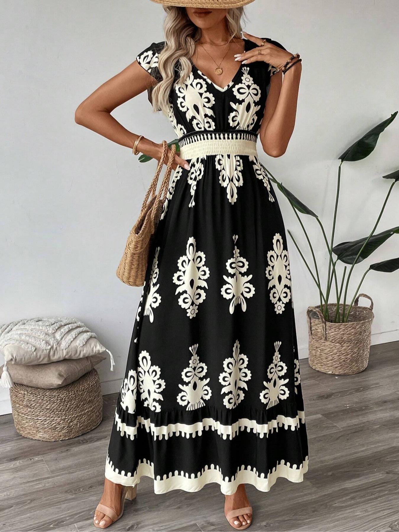 【Plus Size】 Ethnic Pattern V Neck Dress, Boho Cap Sleeve Long Dress for Beach Holiday Vacation, Women's Clothes for Summer, Bohemian Boho Fashion