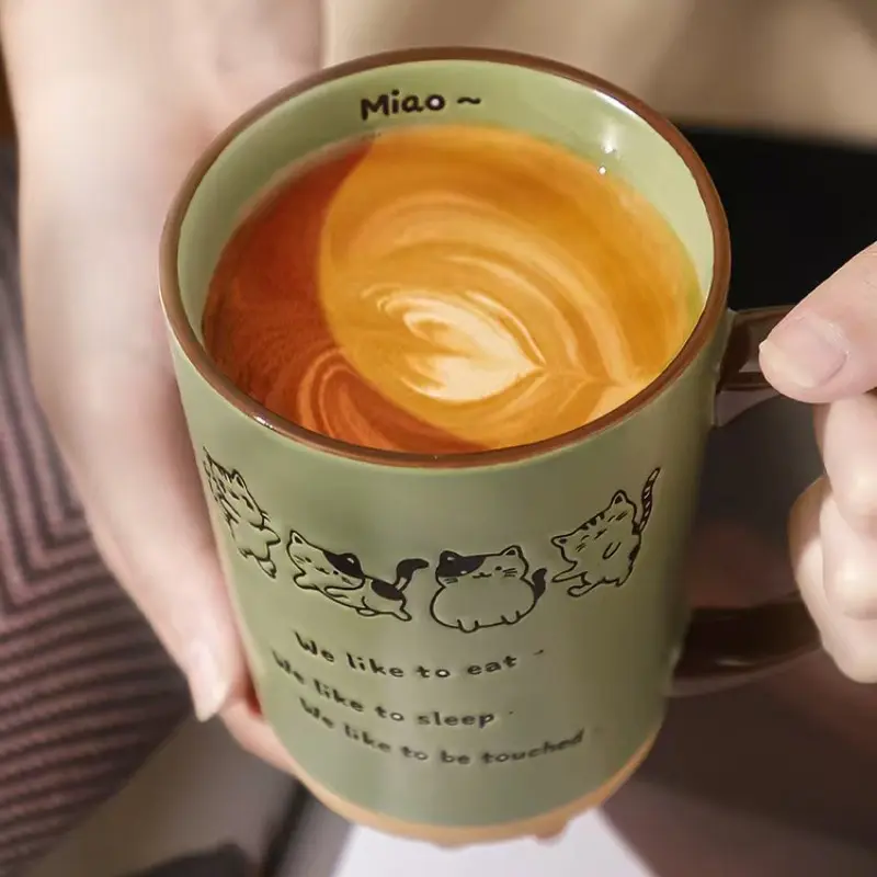 Cute 3D Embossed Cat Ceramic Mug, 15oz Japanese Zakka Coffee Mug with Handle, Funny Cartoon Kitten Tea Cup for Office and Home, Aesthetic Gift for Cat Lovers Women