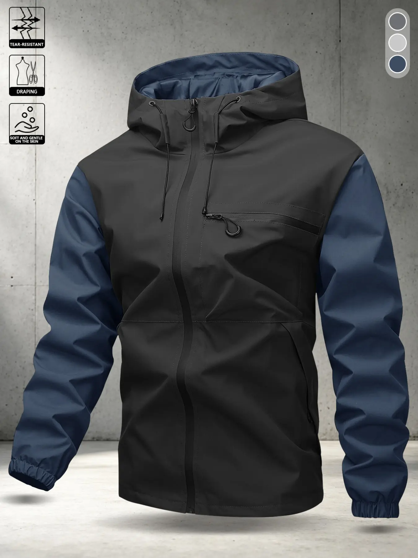 Men's Casual Hooded Flying Jacket, Long Sleeve Loose-Fit Zip-Up Coat, All-Season Plain Surface Outerwear, British Style Daily Wear
