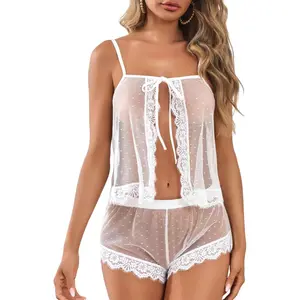 Sexy Women Lace Pajamas Lingerie Set High Waist Sheer Sleepwear Bow Ties Cami Shorts Set