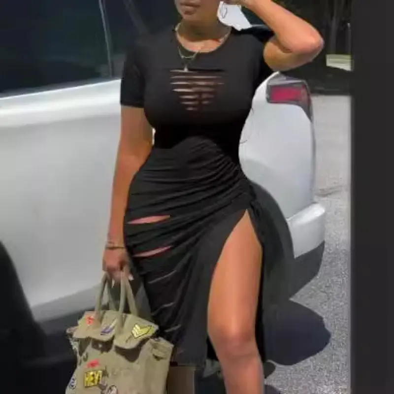 Sexy round Neck Short Sleeve Ripped Slit Pleated Dress Casual Womenswear beach  fits bohemian dress