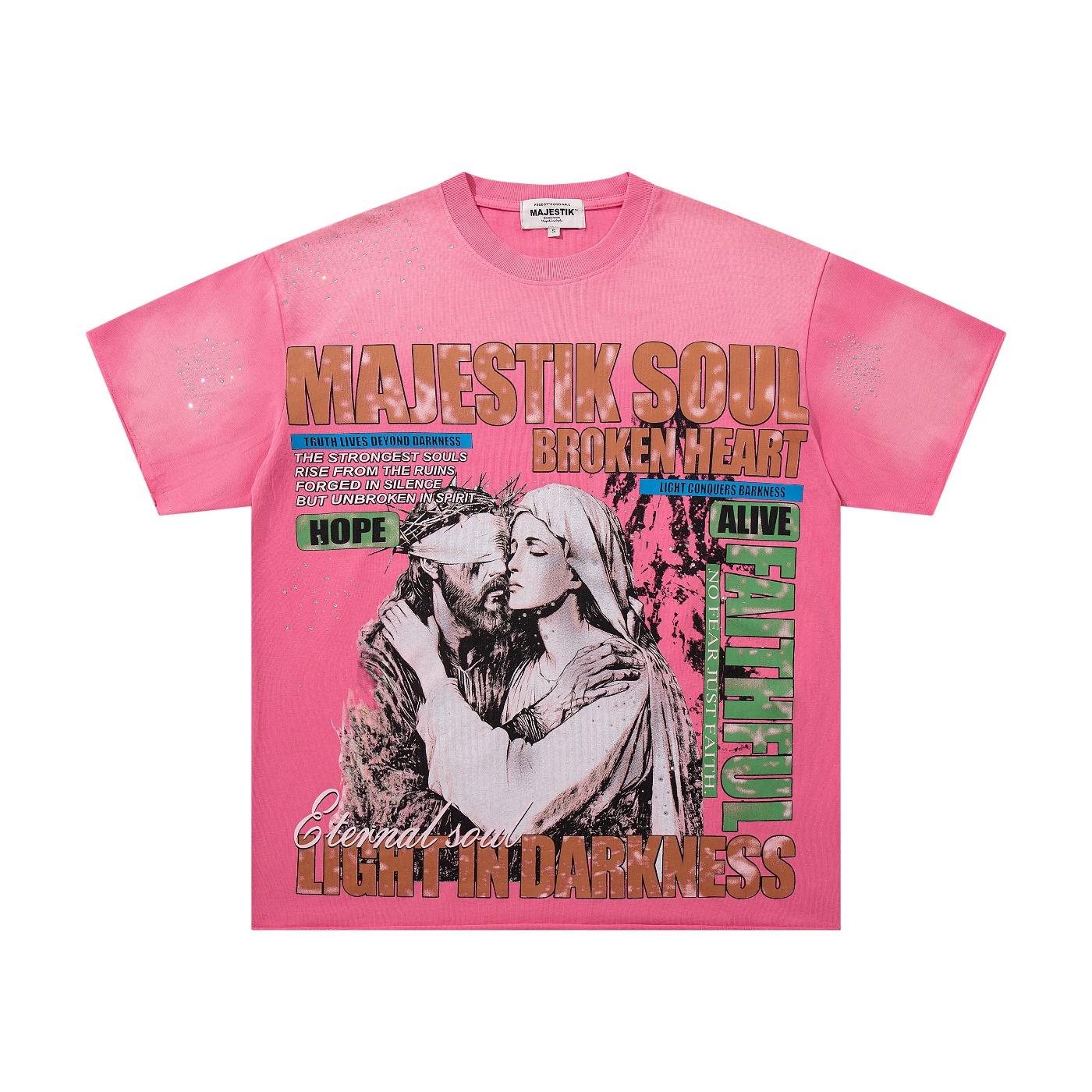 MAJESTIK New American High-Street Streetwear, Vintage Washed Distressed Frayed Edges, Heavy Rhinestone Inlay, Jesus & Virgin Mary Graphic Print, Black Y2K Hip Hop Crew Neck Short Sleeve Cotton T-Shirt Tops