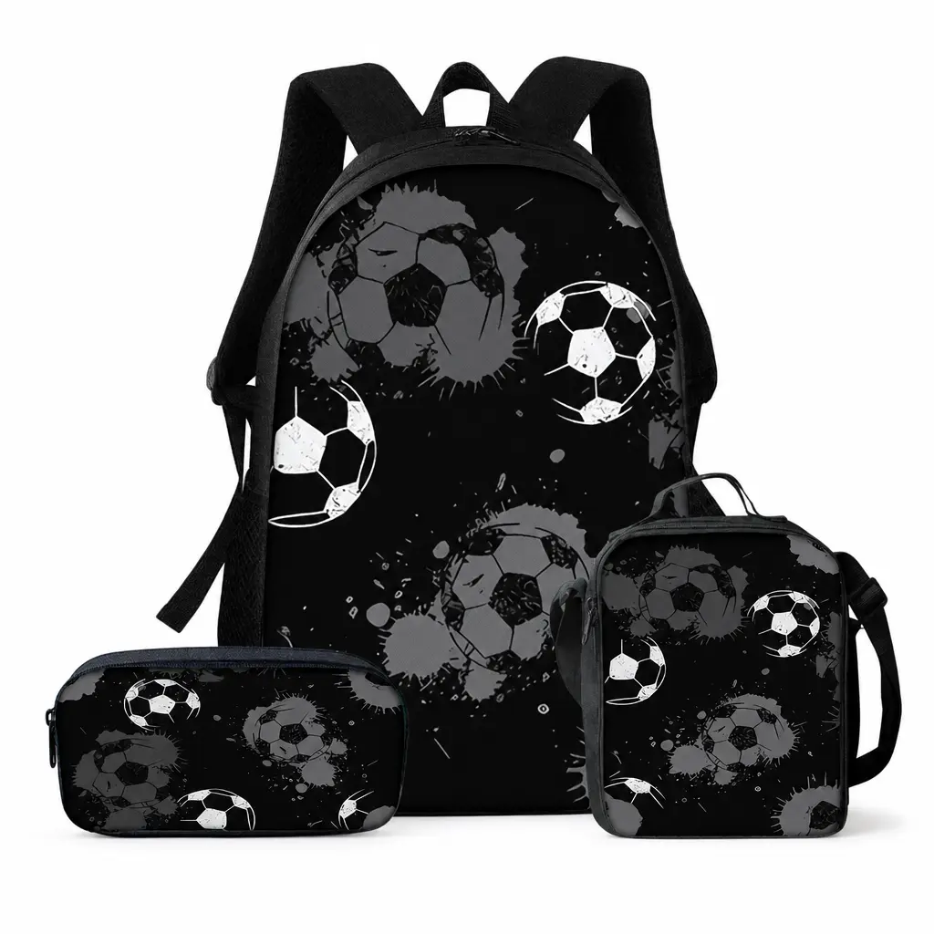 3-Piece Monochrome Soccer Backpack Set with Lunch Box & Pencil Case, School Bookbag for Boys & Girls, Teenage Boy Gifts, Backpacks For School, School Backpack,bookbag,school backpack,multiple style,casual daypack backpack, anime backpack,pencil bag