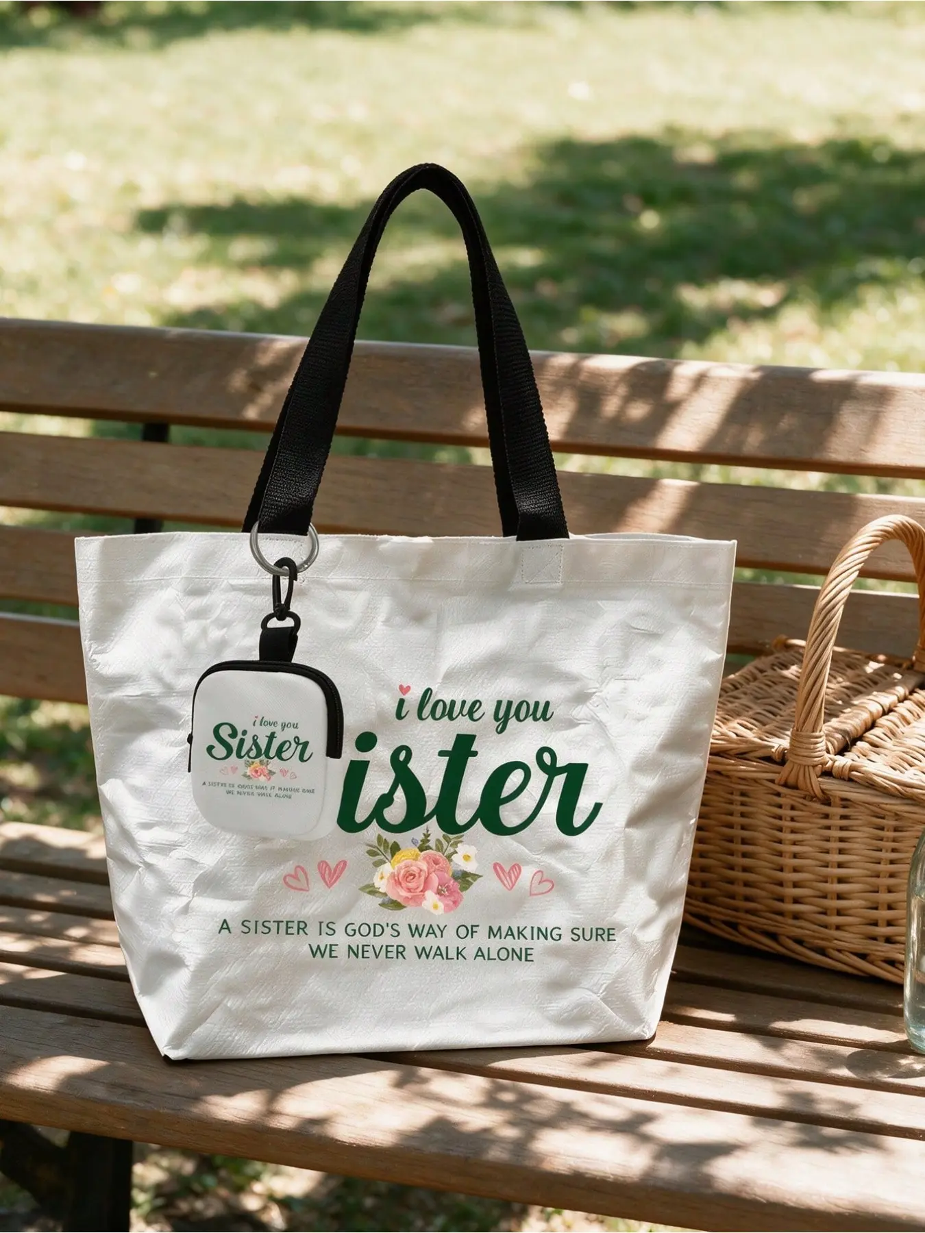 "i Love You, Sister" Woven Tote Bag, Reusable Large Capacity Shoulder Bag, Perfect Gift for Sisters, Beach Travel, Shopping, Daily Use