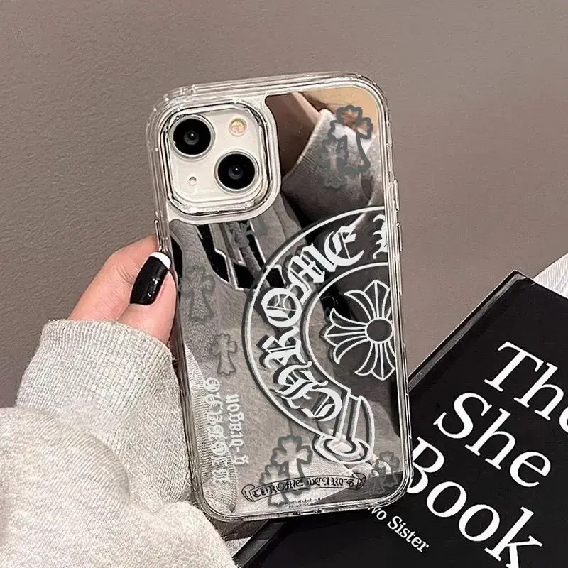 Mirrored iPhone Case Y2K Gothic Cross Design Shock-Resistant Protective Case Silver/Pink Reflective Back Panel Scratch-Resistant and Camera-Protecting Compatible with iPhone 17/16/15/14/13 Series