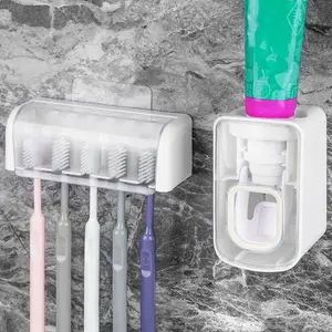 5 Slots Wall Mount Toothbrush Holder with Cover, Self Adhesive Toothbrush Storage Organizer for Shower with Automatic Toothpaste Squeezer Dispenser