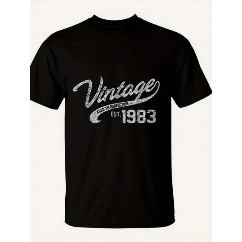 Men's Vintage 1983 Graphic T-Shirt - 80s Retro Music Band Tee With Glittery White Lettering, Soft 100% Cotton Round Neck Casual Shirt For 80s Themed Parties & Casual Attire,