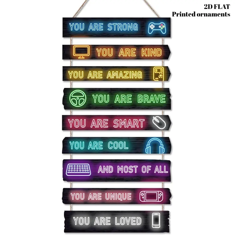 2D FLAT Printed Ornaments Wall Art Set - Gamer Themed Wooden Signs with Inspirational Quotes for Boys Room Decor, Game Room & Video Game Playroom - Perfect for Kids Bedroom, Bathroom, and Living Room Wall Decoration