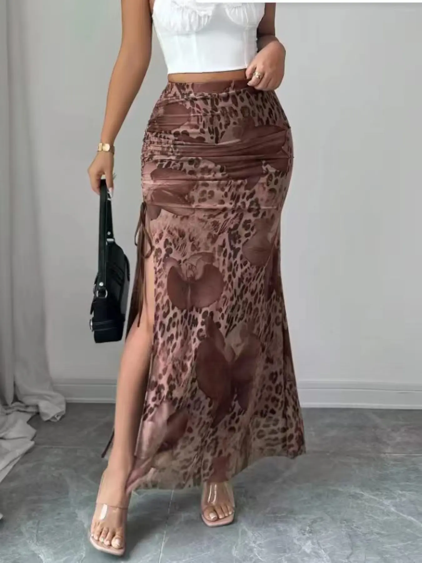 Women's Elegant Leopard Print Mesh High Waist Split A-Line Midi Skirt, Fall Fashion, Slim-Fitting, All over Print, Plain Surface, Elegant Chic Skirt
