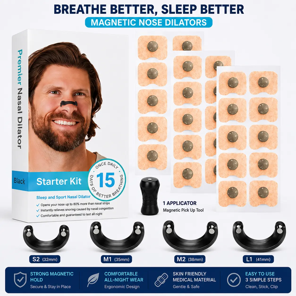 15pcs Magnetic Nose Dilators for Breathing, Magnetic Nasal Strips with Quick Application Tabs, Nose Breathing Support for Sleep, Running, Workout, Gym, Exercise, Sports & Fitness