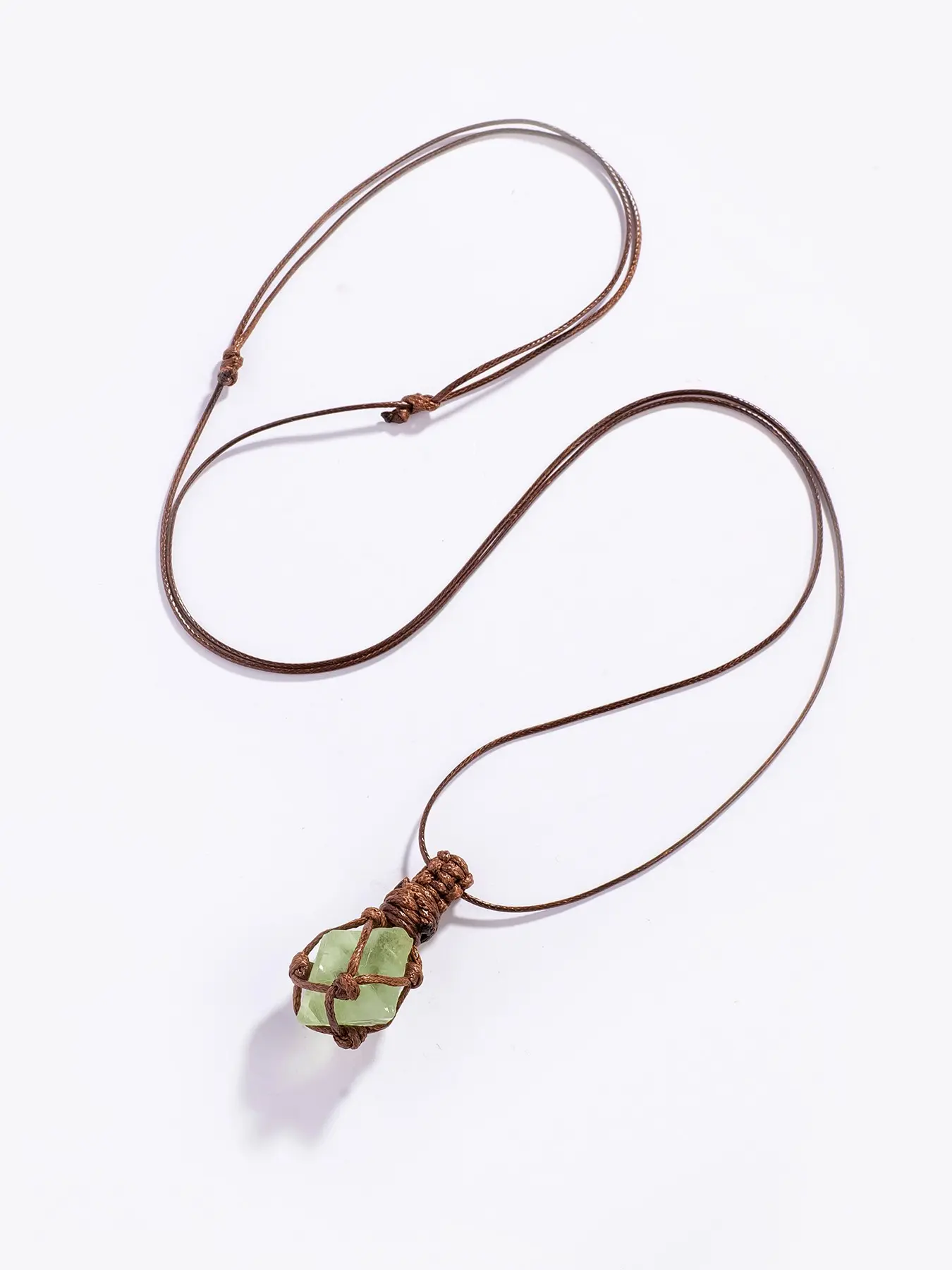Natural Crystal Fluorite Octahedron Pendant Necklace, Adjustable Braided Rope, Bohemian Style Jewelry Gift, Handmade Design