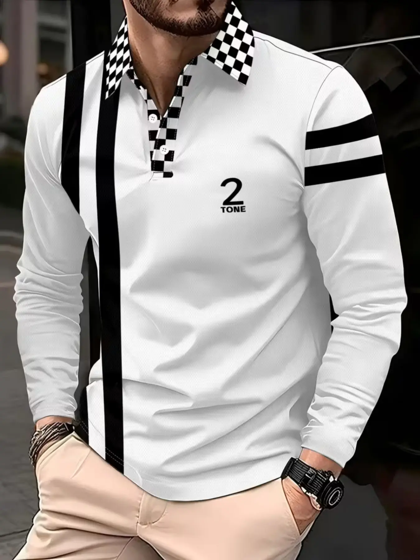 Checkerboard Long Sleeve Polo Shirt, Casual Slim-Fit, Spring & Fall Wear, Ideal for Commuting and Outdoor Leisure