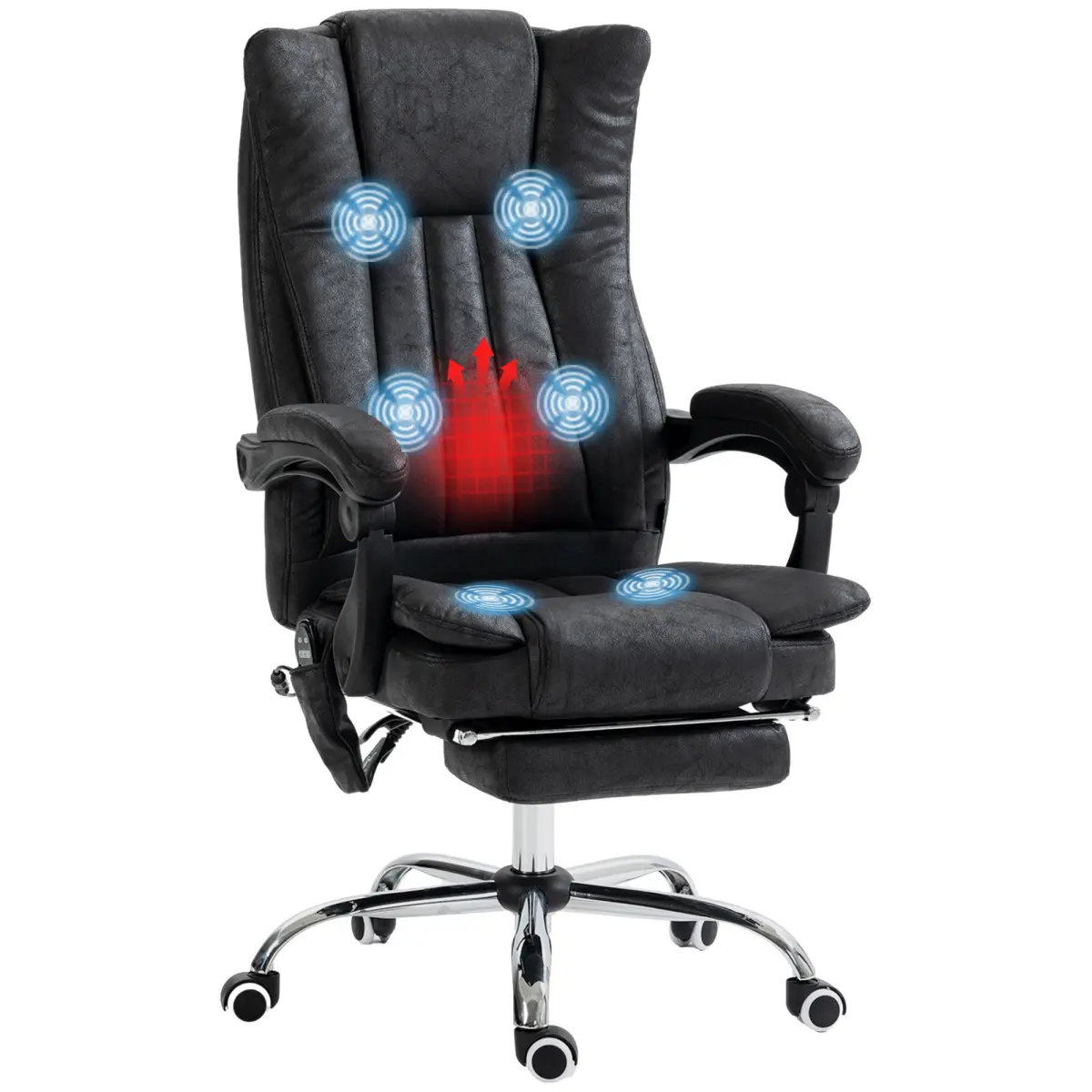 [Fahuac] Modern Adjustable Polyester High-Back Massage Desk Chair for Adults - 6-Point Vibration, 135° Recline, Lumbar Heat, Retractable Footrest, Remote, 24.5" W x 27.6" D x 44.5"-47.25" H, 46.3 lbs, Assembly Required, Black, Vibrating, Comfortable Desig