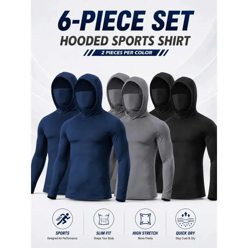 Men's Long Arm Sleeve Hoodies (3/6 Pack) - Quick-Dry Dry Fit Athletic Sportswear, Casual Wear Activewear, Built-in Face Mask, UV Sun Protection for Fishing & Outdoor Work