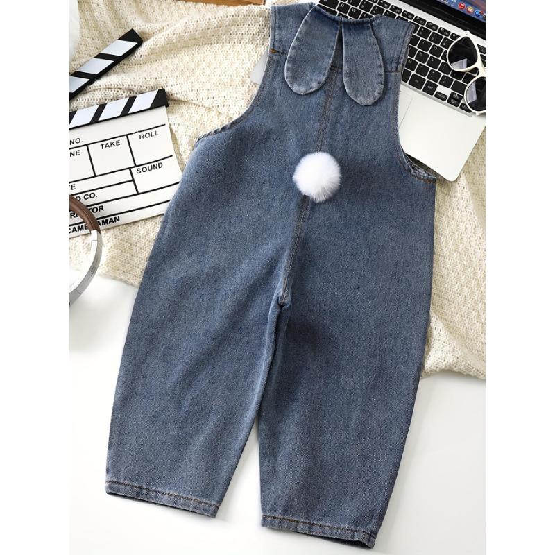 Cute and youthful light blue denim overalls with bunny ear decorations - casual loose fit, suitable for spring and autumn, machine washable, perfect for outdoor activities