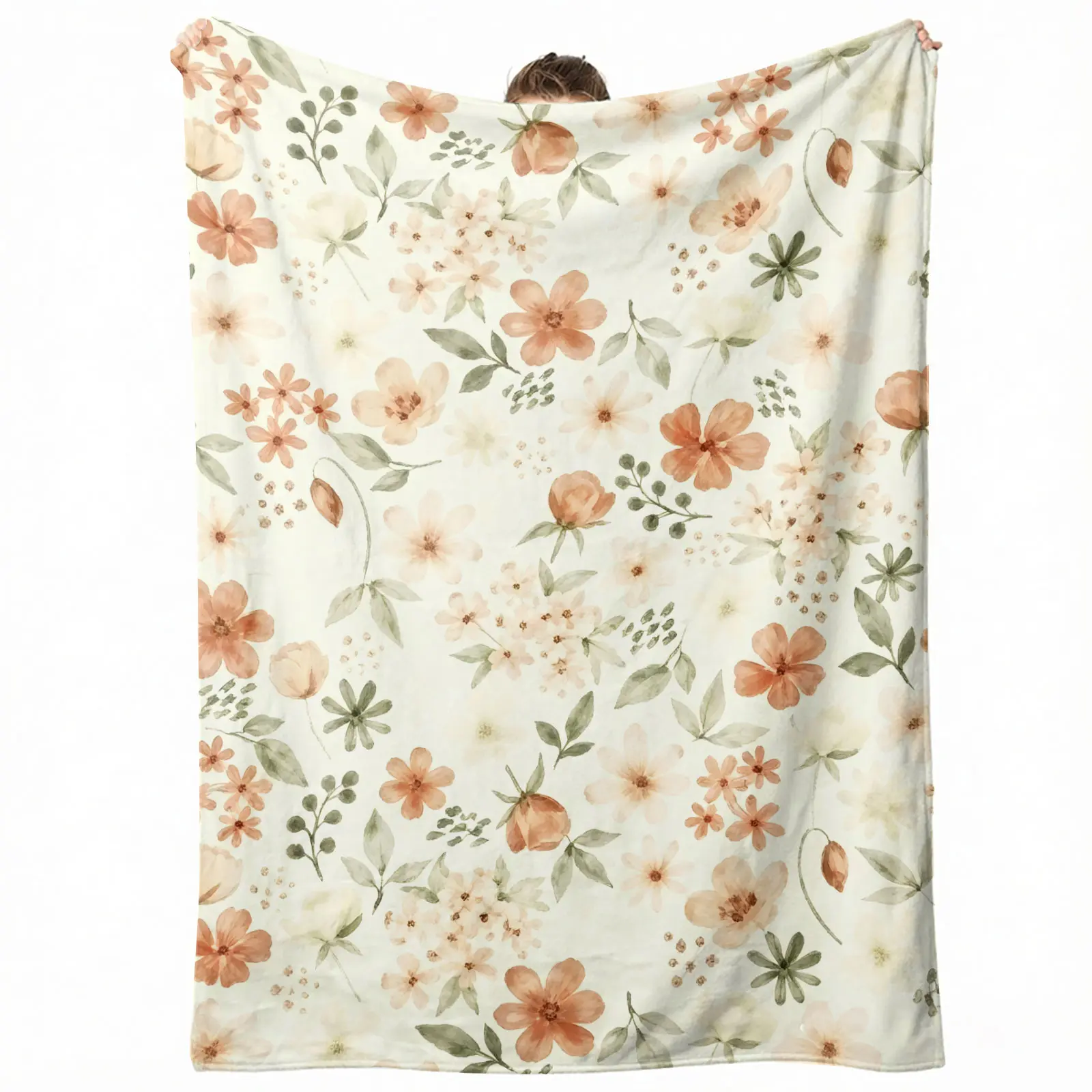 60*50 Inch Neutral Terracotta Watercolor Wildflower Flannel Fleece Throw Blanket, Ultra Soft Anti-Pilling Lightweight Plush Blanket, Muted Rust Cream Floral Botanical Print Cozy Blanket for Sofa Bed, Warm Cottagecore Farmhouse Aesthetic Bedroom Decor Gift