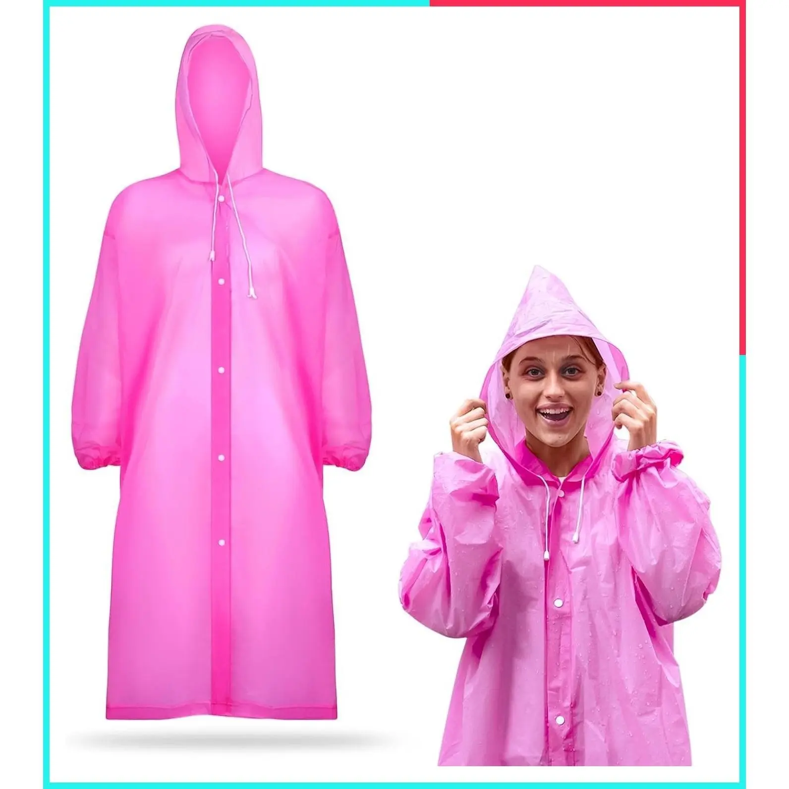 Women's Reusable Thickened Waterproof Rain Poncho with Hood and Drawstring, Pink Rain Coat